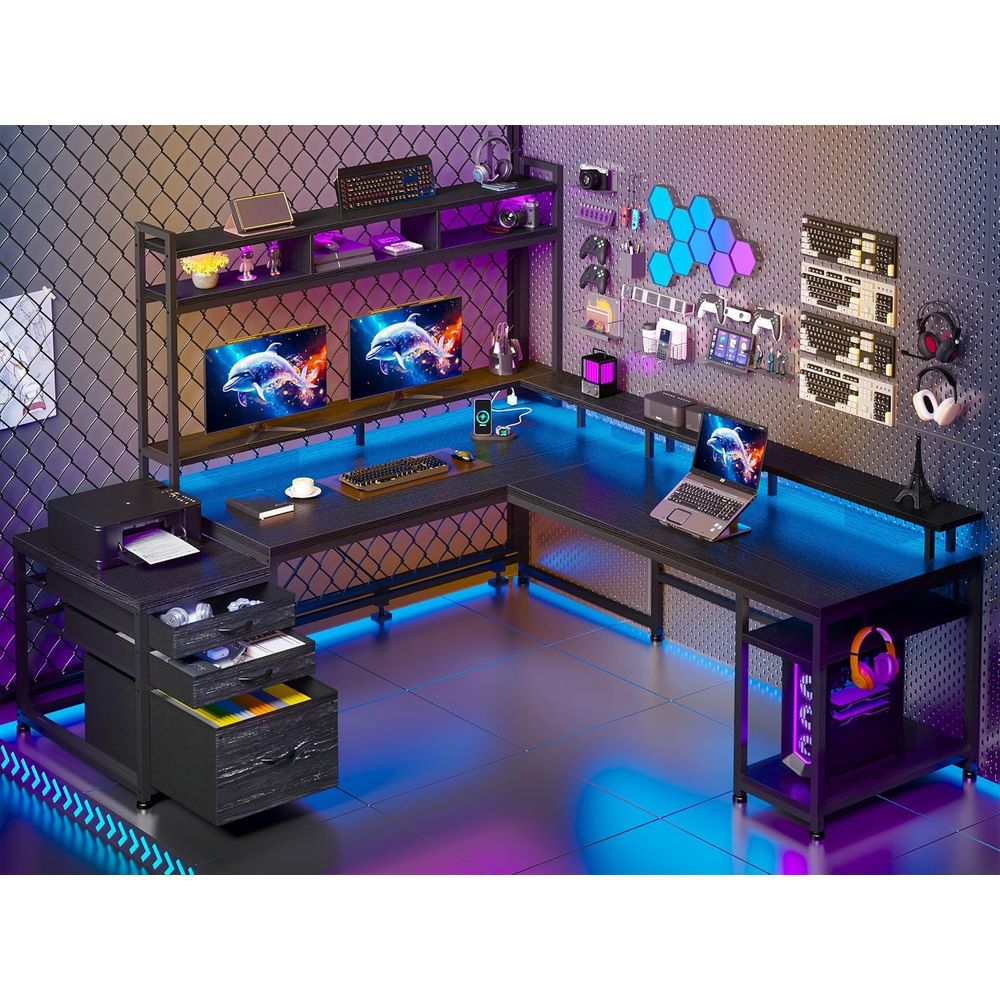 Desk Setup Two Monitors - Reversible L-Shaped Gaming Desk with Hutch,